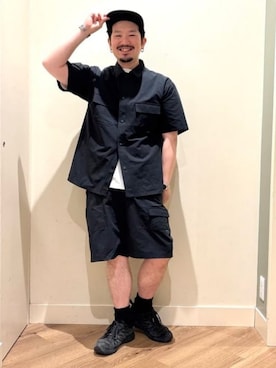 「BEAMS HEART（ビームスハート）のクイック ドライ ショーツ（水陸両用）（その他パンツ、ブラック系）」を使った、BEAMS HEART MENさん（メンズ・170cm）の夏コーディネート