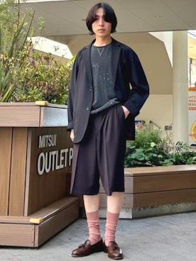「BEAMS HEART（ビームスハート）の2タック ワイド ストライプ ショートパンツ（その他パンツ、ブラウン系）」を使った、BEAMS HEART MENさん（メンズ・170cm）の夏コーディネート