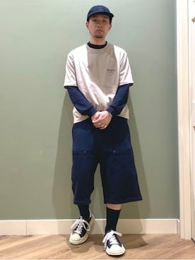 「BEAMS HEART（ビームスハート）の【ユニセックス】ダイナー グラフィック Tシャツ（Tシャツ/カットソー、ベージュ系）」を使った、BEAMS HEART MENさん（メンズ・170cm）の夏コーディネート