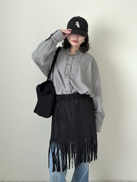 「LOWRYS FARM（ローリーズファーム）のスエードフリンジミニスカート  574900（スカート、ブラック系）」を使った、　MEGUさん（レディース・154cm）の春コーディネート