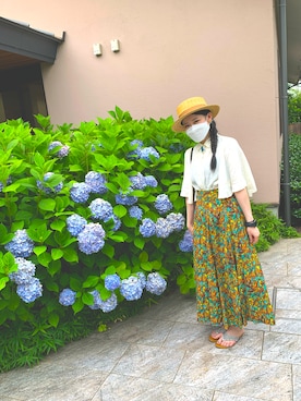 「田中帽子店のアイテム（ハット、ベージュ系）」を使った、Ami さん（レディース・150cm）の夏コーディネート