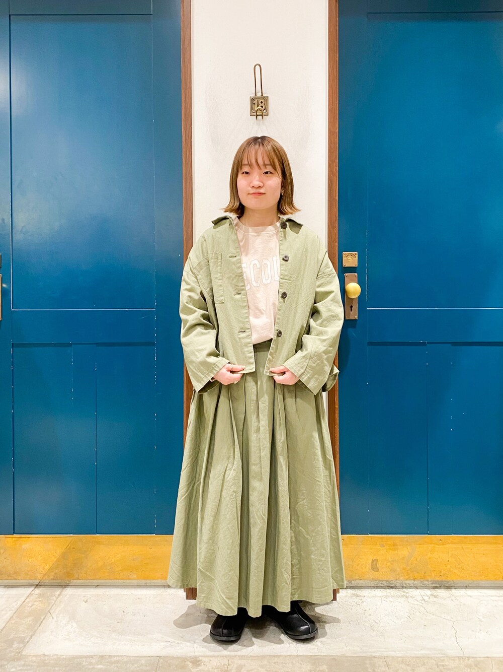 「Samansa Mos2、サマンサ モスモス(Samansa Mos2)、春服みてみて、大人カジュアル、春服、カジュアルコーデ、グリーン、低身長、セットアップ、差し色」｜「Samansa Mos2のショートジャケット（その他アウター、グリーン系）」を使った、カンナさん（レディース・146cm）の春コーディネートの1枚目の写真