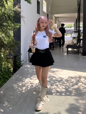 「YOLO（ヨーロ）のアイテム（スカート、ブラック系）」を使った、ひいなさん（レディース・165cm）の夏コーディネート