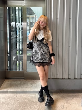 「Mili affinity（ミリアフィニティー）のTシャツドッキングレースキャミワンピース（Tシャツ/カットソー、ホワイト系）」を使った、ひいなさん（レディース・165cm）の夏コーディネート