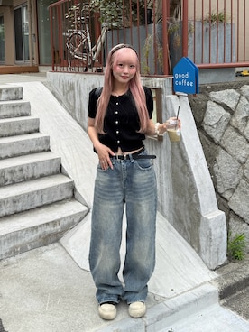 「ARULE（アルール）のA'GEM/9 × .kom 『ARULE/アルール』 スニーカー（スニーカー、ブラック系）」を使った、ひいなさん（レディース・165cm）の夏コーディネート