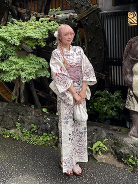「utatane（ウタタネ）の選べる浴衣3点セット utataneオリジナルデザイン 国内染色（浴衣、ベージュ系）」を使った、ひいなさん（レディース・165cm）の夏コーディネート