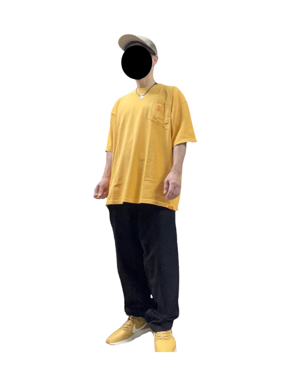 「シンプル、お出かけコーデ、今日のコーデ、休日スタイル、イエロー、キャップ、NIKE」｜「Javaの《JaVa ジャバコラボ》古着風ストリートMIX。綿100%ヘヴィーウエイト胸ポケピグメントTシャツ（Tシャツ/カットソー、イエロー系）」を使った、ymkeiさん（メンズ・171cm）の秋コーディネートの1枚目の写真