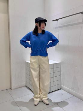 「SMELLY(スメリー)のドロストハンチング(ハンチング/ベレー帽、ブラック系)」を使った、まほさん(レディース・158cm)の春コーディネート