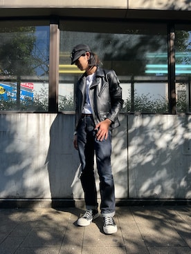 「DANKE SCHON（ダンケシェーン）のアイテム（ライダースジャケット）」を使った、大内陽心さん（メンズ・173cm）の秋コーディネート