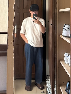 「UNIQLO（ユニクロ）のUniqlo AIRISM T-shirt white（Tシャツ/カットソー、ホワイト系）」を使った、Jimmy Wangさん（メンズ・170cm）の夏コーディネート