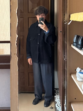 「NICENESS（ナイスネス）のNiceness Jack pants（スラックス、ブルー系）」を使った、Jimmy Wangさん（メンズ・170cm）の秋コーディネート