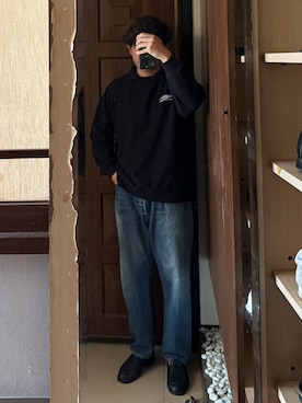 「UMBRO（アンブロ）のUmbro x Comoli F.C fleece pullover navy（ジャージ、ブルー系）」を使った、Jimmy Wangさん（メンズ・170cm）の秋コーディネート