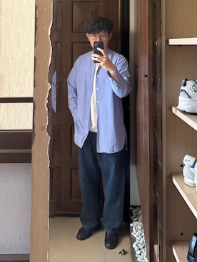 「COMOLI（コモリ）のComoli band collar shirt sax（シャツ/ブラウス、ブルー系）」を使った、Jimmy Wangさん（メンズ・170cm）の夏コーディネート