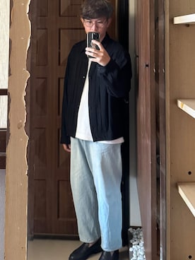 「COMOLI（コモリ）のComoli silk nep type-1 jacket （デニムジャケット、ブラック系）」を使った、Jimmy Wangさん（メンズ・170cm）の夏コーディネート
