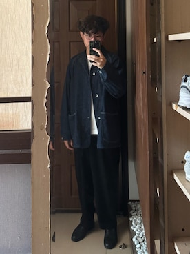 「COMOLI（コモリ）のComoli denim work jacket navy（デニムジャケット、ブルー系）」を使った、Jimmy Wangさん（メンズ・170cm）の夏コーディネート