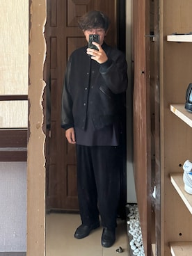 「COMOLI（コモリ）のComoli alpaca award jacket navy （ノーカラージャケット、ブルー系）」を使った、Jimmy Wangさん（メンズ・170cm）の秋コーディネート