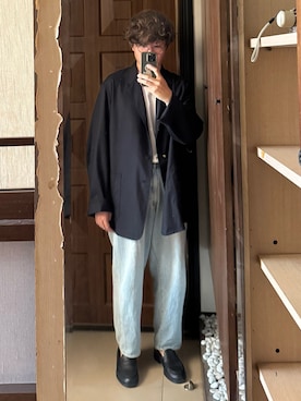 「COMOLI（コモリ）のComoli x Beams 別注 ivy pack golden button jacket （テーラードジャケット、ブルー系）」を使った、Jimmy Wangさん（メンズ・170cm）の夏コーディネート