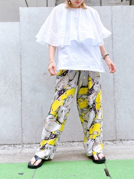 「アイテム（パンツ、イエロー系）」を使った、satomiさん（レディース・150cm）の夏コーディネート