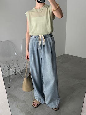 「meilmada（メイルマダ）のシアーノースリーブニット（Knitwear、グリーン系）」を使った、haraさん（レディース・166cm）の春コーディネート
