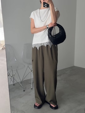 「meilmada（メイルマダ）のレースヘムフレンチスリーブTシャツ（T Shirts、ホワイト系）」を使った、haraさん（レディース・166cm）の春コーディネート