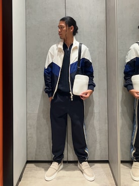 「ARMANI EXCHANGE（アルマーニエクスチェンジ）の【A|X アルマーニ エクスチェンジ】スエード ローファースニーカー（スニーカー、ベージュ系）」を使った、TAKUYAさん（メンズ・174cm）の夏コーディネート