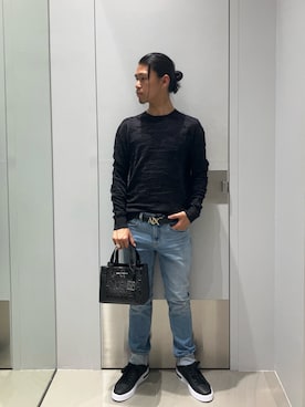 「ARMANI EXCHANGE（アルマーニエクスチェンジ）の【A|X アルマーニ エクスチェンジ】オールオーバーロゴ レースアップスニーカー（スニーカー、ブラック系）」を使った、TAKUYAさん（メンズ・174cm）の夏コーディネート