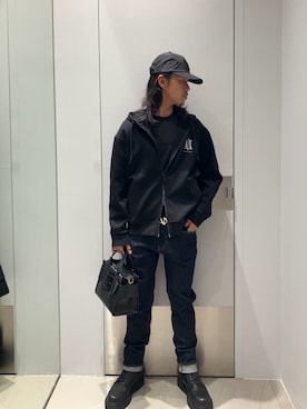 「ARMANI EXCHANGE（アルマーニエクスチェンジ）の【A|X アルマーニ エクスチェンジ】ボリュームソール レザーレースアップブーツ（ブーツ、ブラック系）」を使った、TAKUYAさん（メンズ・174cm）の夏コーディネート