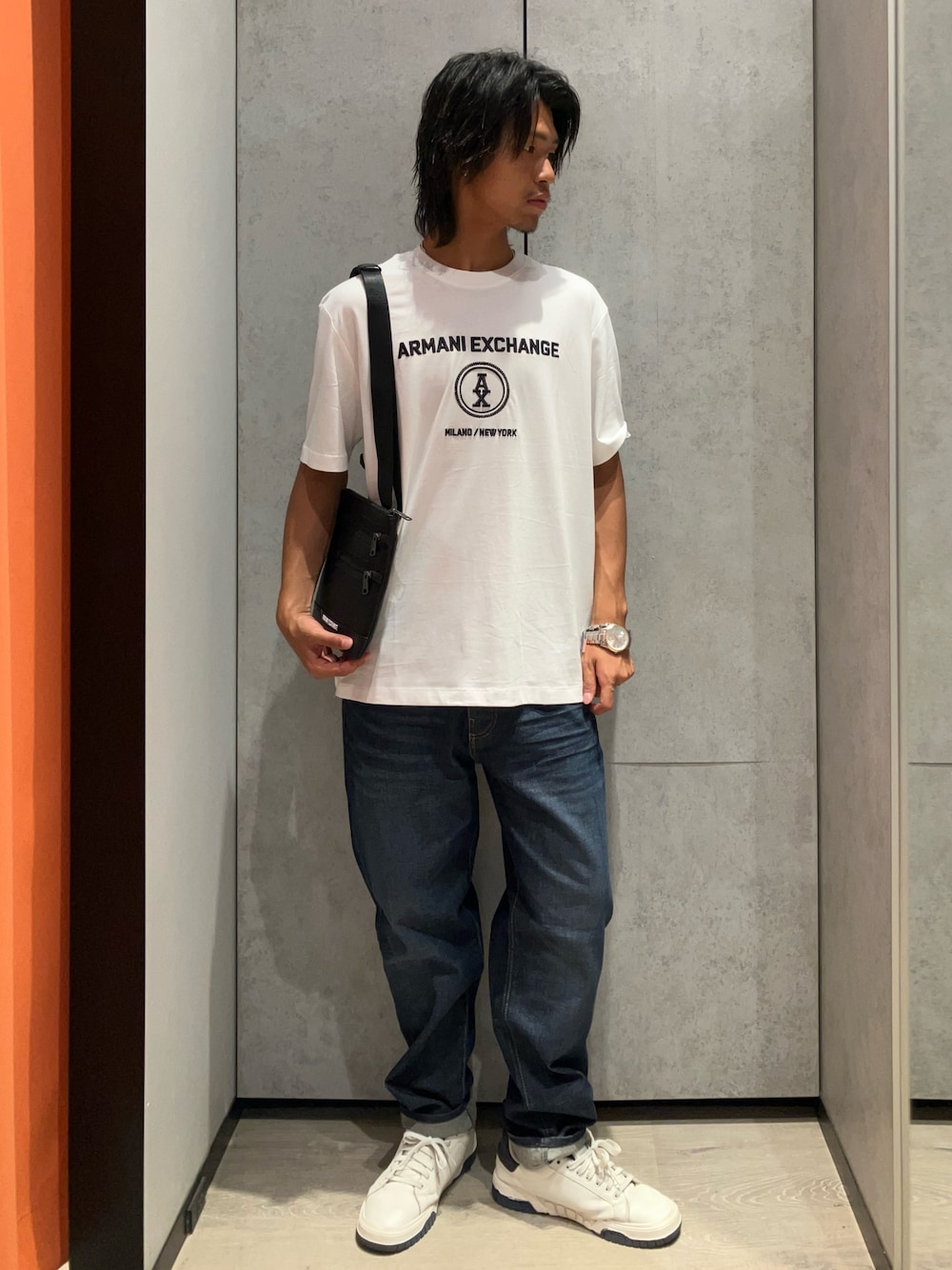 「AXchange、AXchanger、armaniexchange、armani、アルマーニエクスチェンジ、アルマーニ、お出かけコーデ、アツいコーデ全部見せ、夏コーデ、シンプル、メンズファッション、お洒落さんとつながりたい、カジュアルコーデ、いいね、save、フォローお願いします🤑、メンズコーデ」｜「ARMANI EXCHANGEの【A|X アルマーニ エクスチェンジ】レースアップスニーカー（スニーカー、ホワイト系）」を使った、TAKUYAさん（メンズ・174cm）の夏コーディネートの1枚目の写真