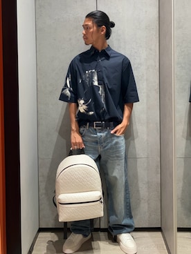 「ARMANI EXCHANGE（アルマーニエクスチェンジ）の【A|X アルマーニ エクスチェンジ】レースアップスニーカー（スニーカー、ホワイト系）」を使った、TAKUYAさん（メンズ・174cm）の夏コーディネート