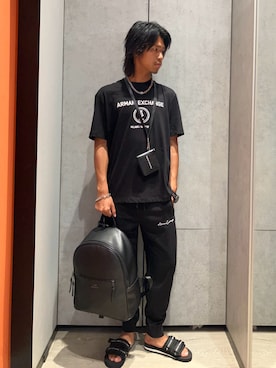 「ARMANI EXCHANGE（アルマーニエクスチェンジ）のアイテム（サンダル）」を使った、TAKUYAさん（メンズ・174cm）の夏コーディネート