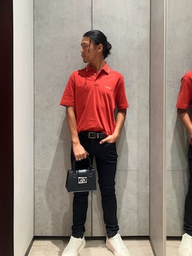 「ARMANI EXCHANGE（アルマーニエクスチェンジ）の【A|X アルマーニ エクスチェンジ】レースアップスニーカー（スニーカー、ホワイト系）」を使った、TAKUYAさん（メンズ・174cm）の夏コーディネート