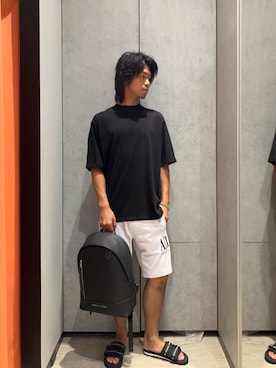 「ARMANI EXCHANGE（アルマーニエクスチェンジ）のアイテム（サンダル）」を使った、TAKUYAさん（メンズ・174cm）の夏コーディネート
