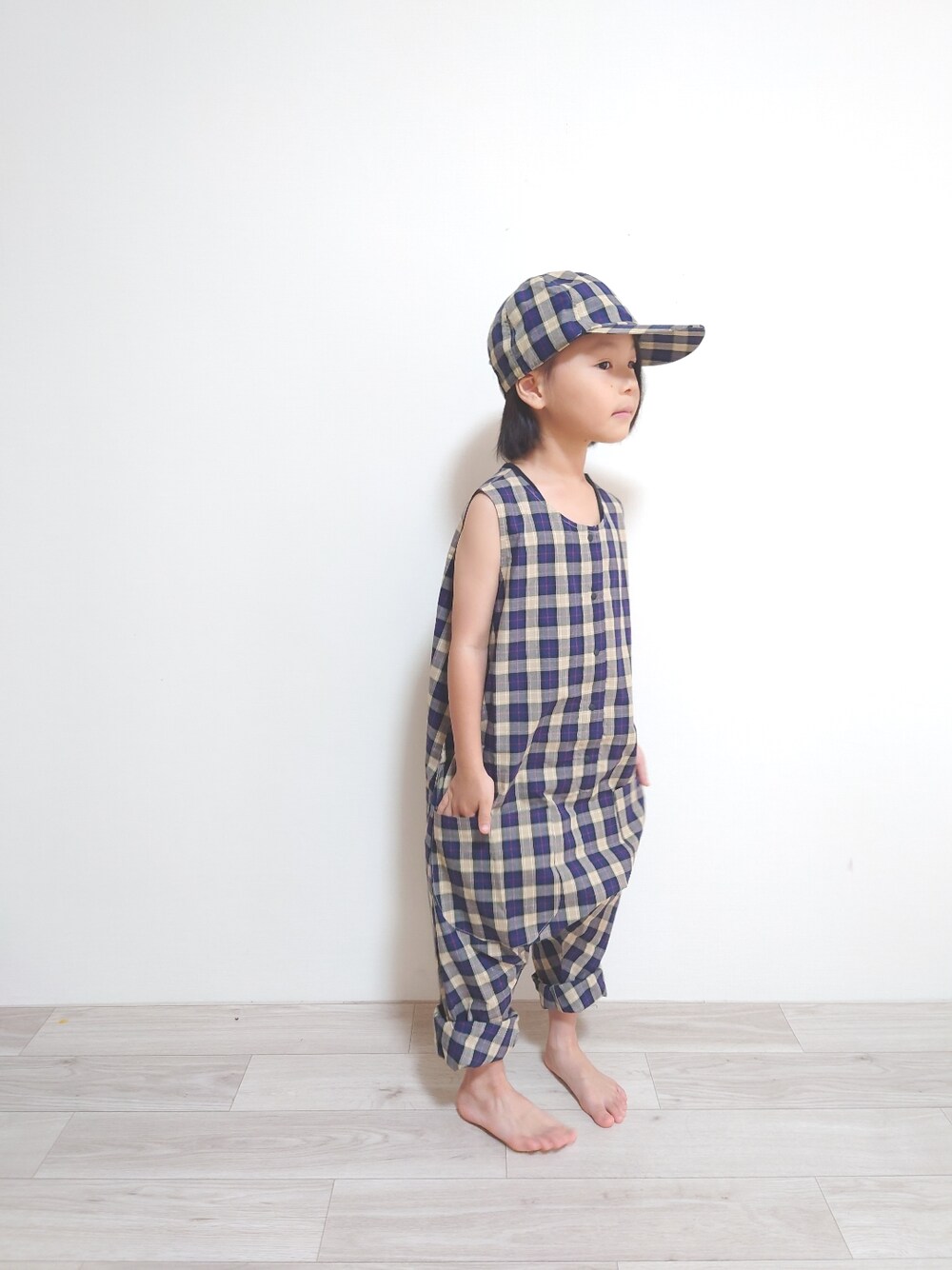 「チェック、サロペット、キッズファッション、男の子、全身柄」｜「frankygrowのアイテム（つなぎ/オールインワン、その他）」を使った、sachiさん（キッズ・110cm）の夏コーディネートの1枚目の写真