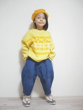 「アイテム（ハンチング/ベレー帽、イエロー系）」を使った、sachiさん（キッズ・110cm）の秋コーディネート
