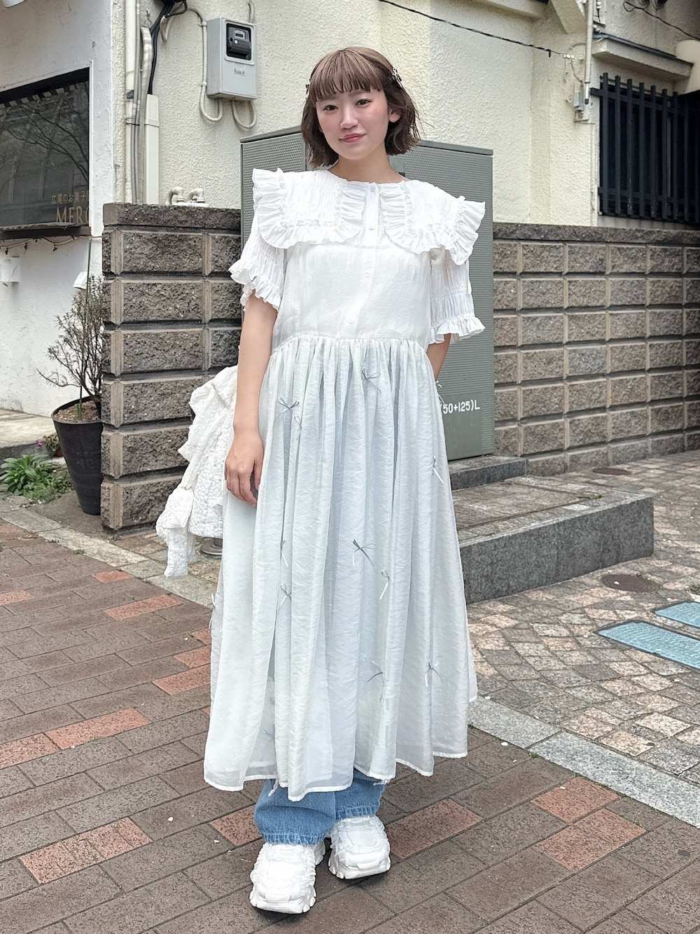 完売 merry jenny デニムビッグカラーフリルブラウス インディゴ