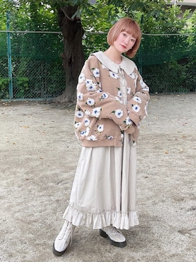 「merry jenny（メリージェニー）のfluffy pattern jacket（その他アウター）」を使った、seinaさん（レディース・153cm）の秋コーディネート