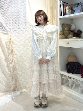 「merry jenny（メリージェニー）のflower dream dress（ワンピース、ホワイト系）」を使った、seinaさん（レディース・153cm）の秋コーディネート