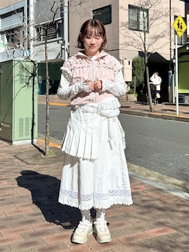 「merry jenny（メリージェニー）のfrill nylon jacket（ベスト、ピンク系）」を使った、seinaさん（レディース・153cm）の春コーディネート