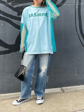 「mi via loca（ミヴィアロカ）のシアー配色ステッチチュールトップス（Tシャツ/カットソー）」を使った、cocoさん（レディース・154cm）の春コーディネート