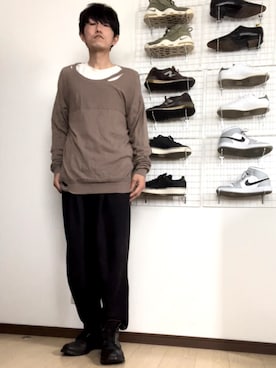 「ブラウンニット」｜「アイテム（スウェットパンツ）」を使った、コユッキーさん（メンズ・170cm）の春コーディネート