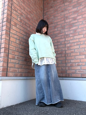 「ITEMS URBANRESEARCH（アイテムズ アーバンリサーチ）のボートネックスウェット（スウェット、グリーン系）」を使った、かめさん（レディース・148cm）の春コーディネート