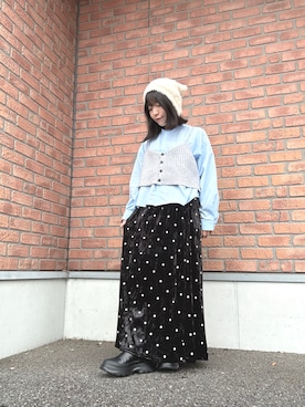 「ITEMS URBANRESEARCH（アイテムズ アーバンリサーチ）のニットキャミソールレイヤードブラウス（シャツ/ブラウス、ブルー系）」を使った、かめさん（レディース・148cm）の秋コーディネート