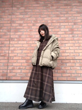 「チェック柄に恋してる」｜「アイテム（シャツワンピース）」を使った、かめさん（レディース・148cm）の冬コーディネート