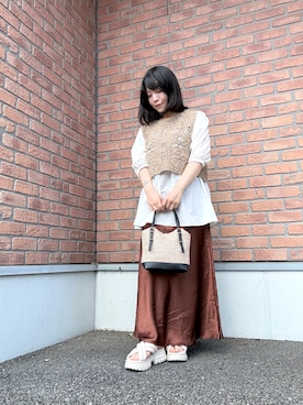 「ITEMS URBANRESEARCH（アイテムズ アーバンリサーチ）のレースドッキングブラウス（シャツ/ブラウス、ベージュ系）」を使った、かめさん（レディース・148cm）の秋コーディネート