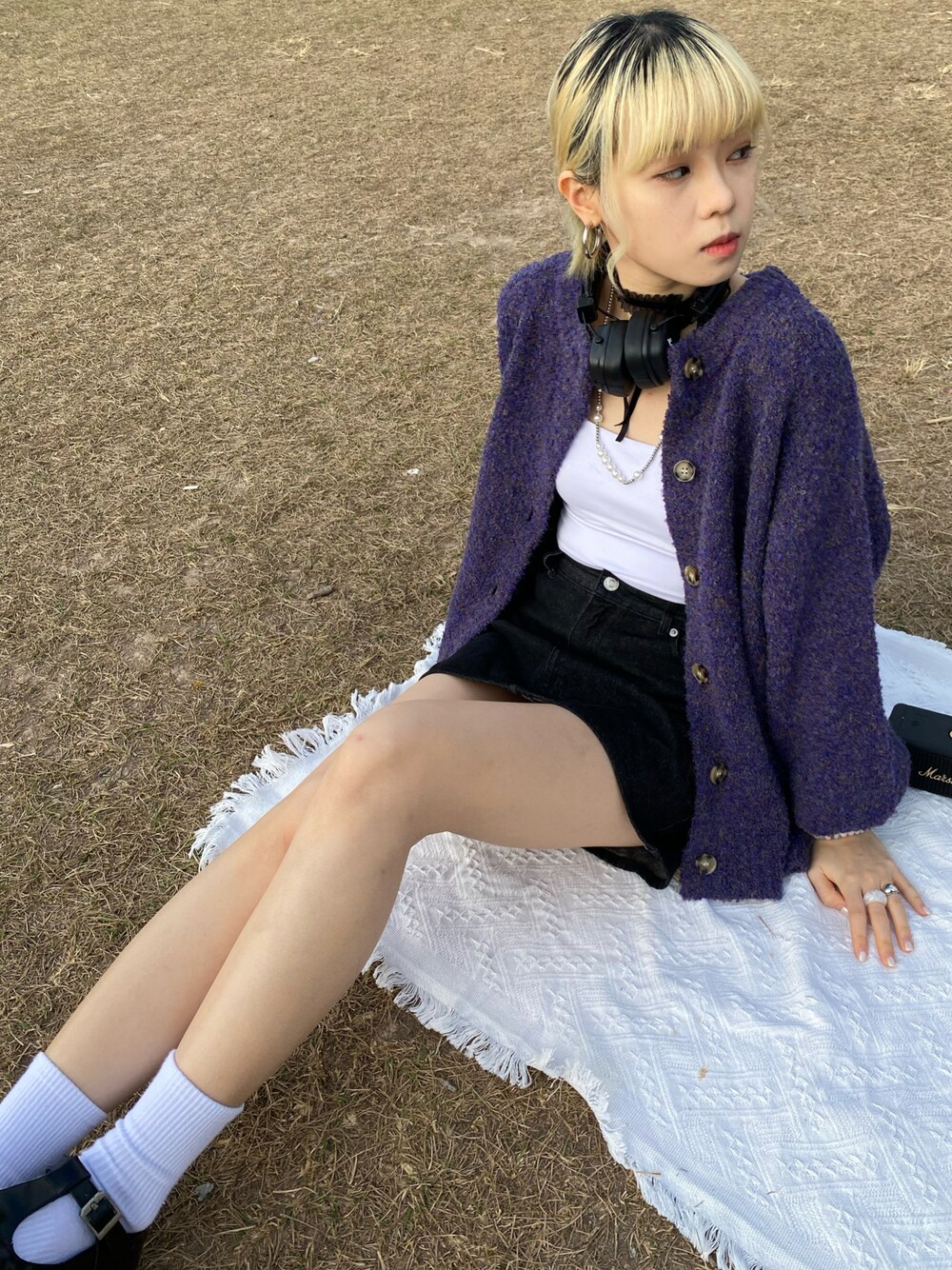 「_evan.coのアイテム（ダッフルコート、パープル系）」を使った、_evan.coさん（レディース・166cm）の冬コーディネートの1枚目の写真