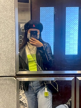 「H&M（エイチ・アンド・エム）のアイテム（ライダースジャケット）」を使った、오리さん（レディース・159cm）の冬コーディネート