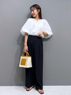 「ROPE'（ロペ）の【エディター三尋木奈保さんコラボ】前後2WAY華やぎバルーンスリーブブラウス【雑誌掲載】（シャツ/ブラウス）」を使った、MIZUKIさん（レディース・160cm）の夏コーディネート