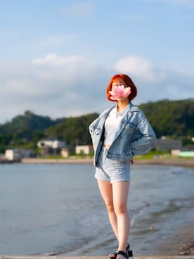 「海」｜「アイテム（デニムジャケット）」を使った、Beautiful Skyさん（レディース・154cm）の夏コーディネート