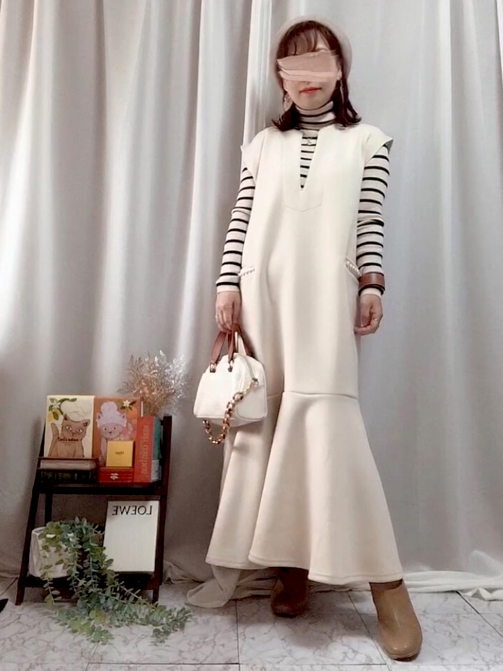 「UNIQLO、ほめられ本命コーデ、オトナ女子、低身長、マーメイドスカート、マーメイドワンピース、ジャンスカ、ボーダー、ユニクロ、ボーダートップス、ブーツ、ベレー帽、骨格ストレート、春コーデ、淡色コーデ」｜「しまむらのアイテム（ハンチング/ベレー帽、ベージュ系）」を使った、x 𝕟𝕚𝕛𝕚𝕞𝕒𝕤𝕦 xさん（レディース・154cm）の冬コーディネートの1枚目の写真