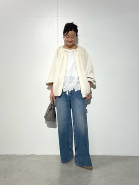 「BEARDSLEY（ビアズリー）のギャザーブルゾン（ノーカラージャケット、ホワイト系）」を使った、dazaiさん（レディース・166cm）の春コーディネート